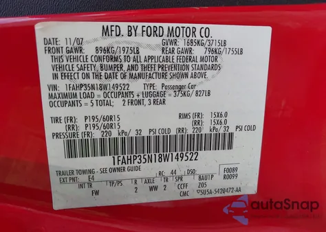 2008 Ford Focus Se/Sel/Ses из США, поврежденный, VIN 1FAHP35N18W149522